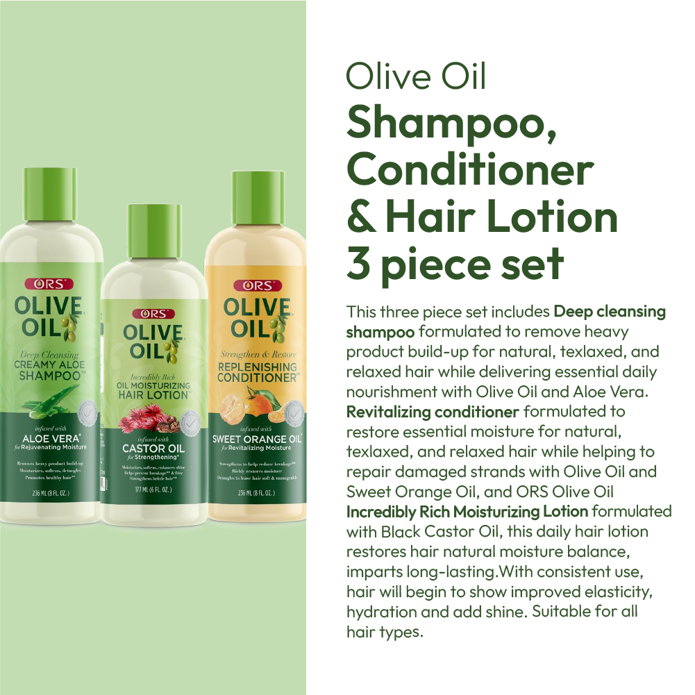 ORS Olive Oil Shampoo, Conditioner &amp; Hair Lotion for Moisture &amp; Strengthening 3-Piece Set