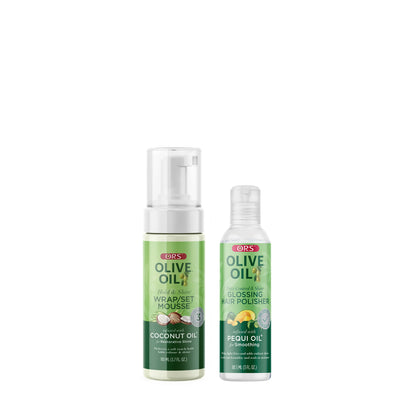 ORS Olive Oil Hair Polisher &amp; Wrap Set Mousse for Smoothing &amp; Restorative Shine 2-Piece Set