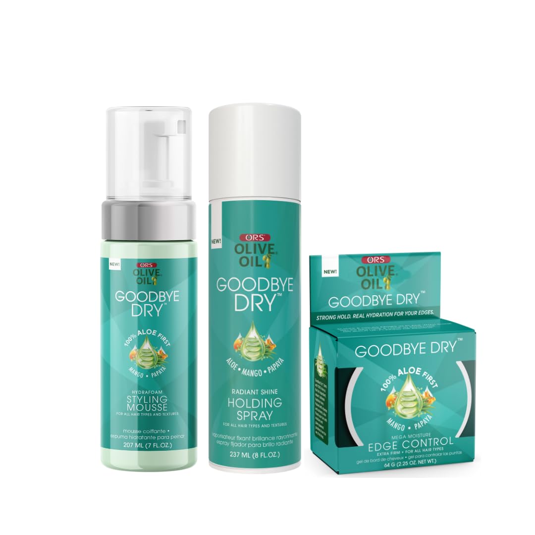 ORS Olive Oil Goodbye Dry Styling Mousse, Edge Control &amp; Holding Spray 3-Piece Set