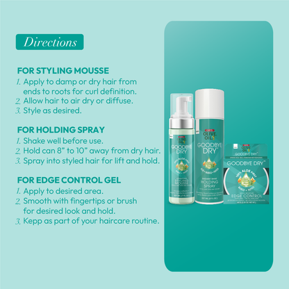 ORS Olive Oil Goodbye Dry Styling Mousse, Edge Control &amp; Holding Spray 3-Piece Set